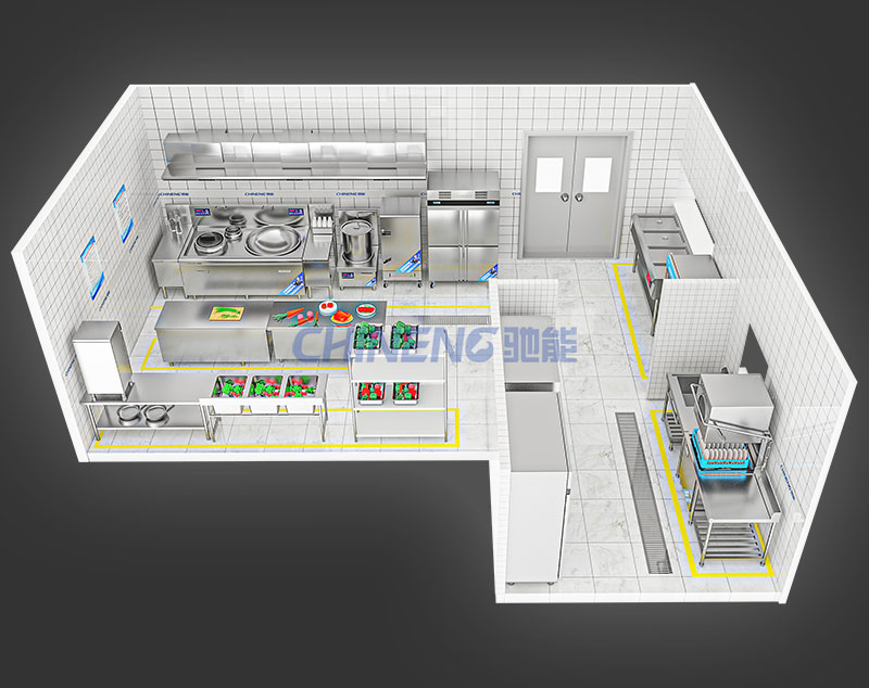 50-100Company canteen kitchen 3D Rendering