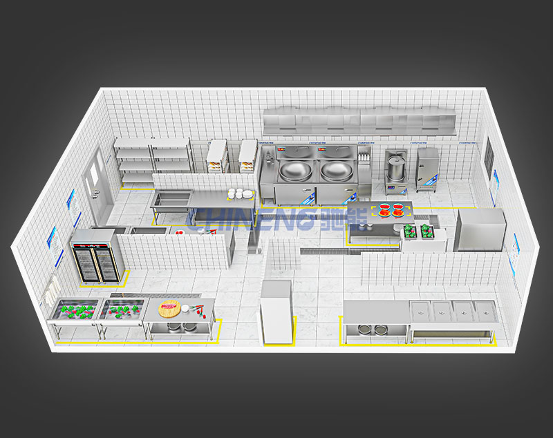 150-200Company canteen kitchen 3D Rendering